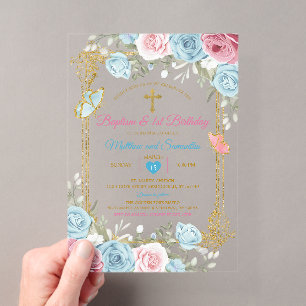 Pastell Blau Rosa Gold Taufe & 1. Geburtstag Acryleinladungen