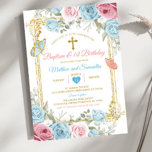 Pastell Blau Rosa Gold Taufe & 1. Geburtstag Einladung