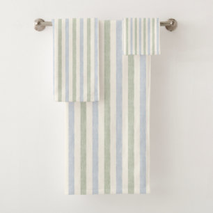 Pastell Blau-Sage-Grün Streifen Boho Farmhaus Badhandtuch Set