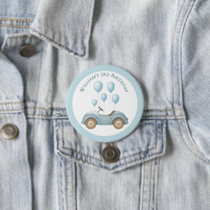 Pastell Blue Car & Balloons Geburtstagsparty Button