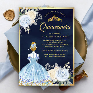 Pastell Blue Floral Dress Navy Gold Quinceanera Einladung