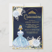 Pastell Blue Floral Dress Navy Gold Quinceanera Einladung (Vorderseite)
