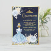 Pastell Blue Floral Dress Navy Gold Quinceanera Einladung (Stehend Vorderseite)