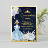 Pastell Blue Floral Dress Navy Quinceanera Gold Folieneinladung (Stehend vorne)