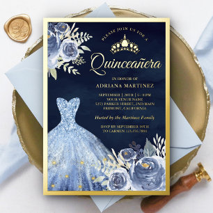 Pastell Blue Floral Gown Navy Quinceanera Gold Folieneinladung