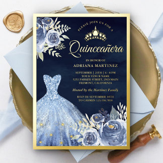 Pastell Blue Floral Gown Navy Quinceanera Gold Folieneinladung