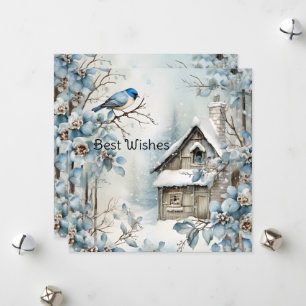 Pastell Blue Flowers Bird Altes Haus Weihnachten