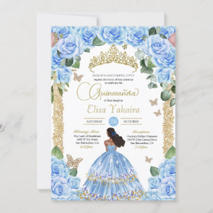 Pastell Blue Rose & Gold Butterfly Quinceñera Einladung