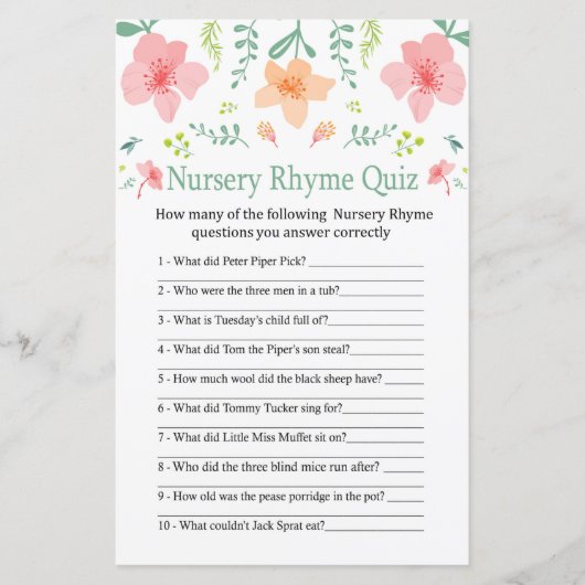 Pastell Blume Kinderzimmer Rhyme Quiz Kinderdusche (Vorderseite)