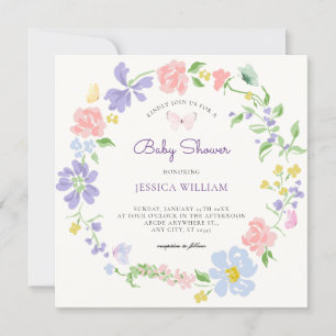 Pastell Blume Kranz mit Schmetterlingen Babydusche Einladung