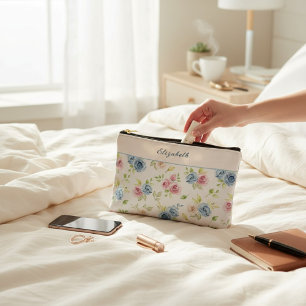 Pastell-Blumen-Aquarell-Rosa-Blau Landhausstil Zubehörtasche