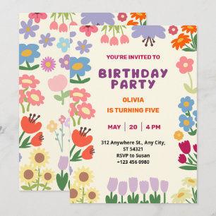 Pastell Blumen Blumen Geburtstag Fünf Mädchen Einl Einladung