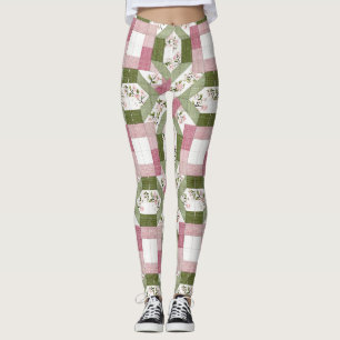 Pastell-Blumen-Geometrisches-Cottagecore-Quilt-Mus Leggings