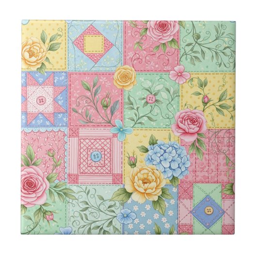 Pastell-Blumen-Patchwork-Picknick-Muster (10) Fliese (Vorderseite)
