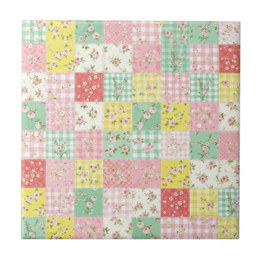 Pastell-Blumen-Patchwork-Picknick-Muster (6) Fliese (Vorderseite)