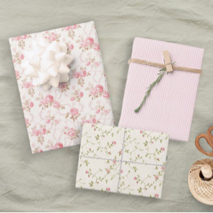 Pastell-Blumen-Rosa-Rosen-Streifen-Elegante-Hochze Geschenkpapier Set