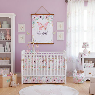 Pastell-Blumen und Schmetterlings-Baby Wandteppich Mit Holzrahmen