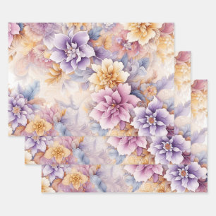 Pastell-Blumen-Verpackungspapier-Set – Elegantes 3 Geschenkpapier Set