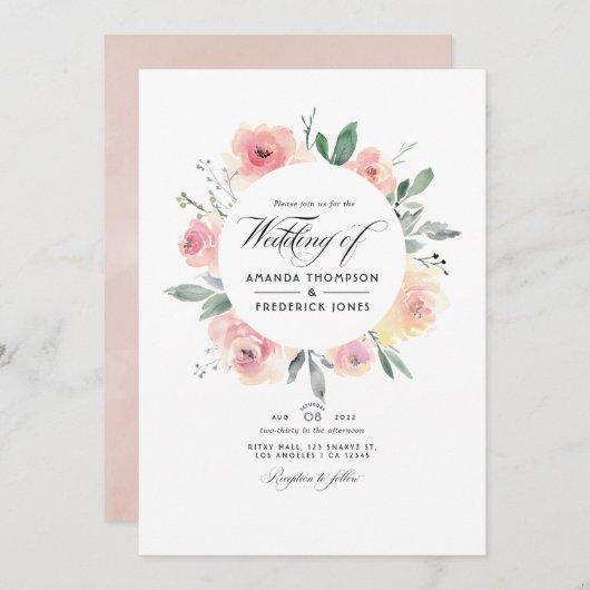 Pastell Blush Pink Bloral Wedding Foto Einladung (Vorne/Hinten)