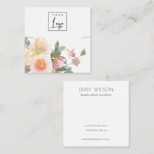 Pastell Blush Pink Blumenstanze Nekklasseanzeige Quadratische Visitenkarte (Vorne/Hinten)