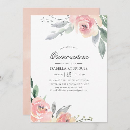 Pastell Blush Pink Floral Quinceañera Einladung (Vorne/Hinten)