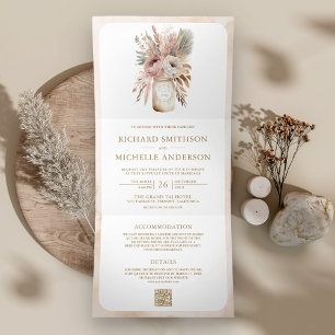 Pastell Boho Blumen-Mason-Jar-QR-Code-Hochzeit Dreifach Gefaltete Einladung