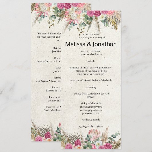 Pastell Boho Neutrales Florales Hochzeitsprogramm Programm (Vorne/Hinten)