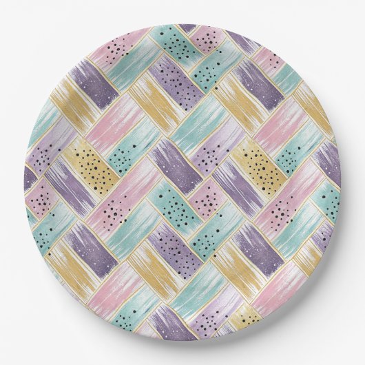 Pastell Brushstroke & Gold Crisscross Abstrakt Pappteller (Vorderseite)