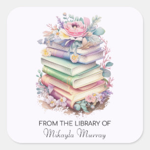 Pastell Bücher & Blume Personalisierte Buchzeichen Quadratischer Aufkleber