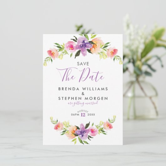 Pastell Colors Blume Kränzergrenze Save The Date (Stehend Vorderseite)