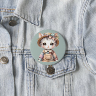 Pastell Cottagecore-Katze in Overall und Strohhut Button