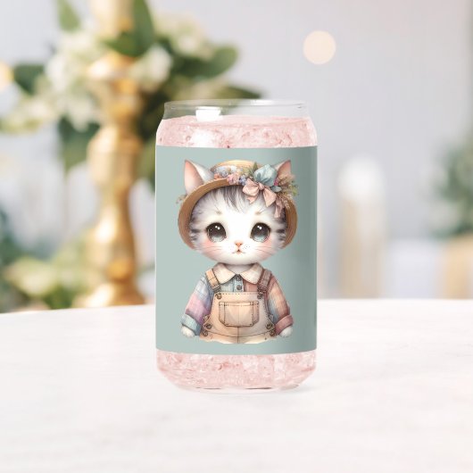 Pastell Cottagecore-Katze in Overall und Strohhut Dosenglas (Insitu (Hochzeit))