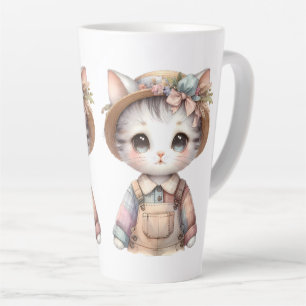 Pastell Cottagecore-Katze in Overall und Strohhut Milchtasse
