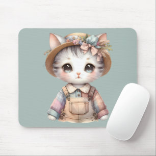 Pastell Cottagecore-Katze in Overall und Strohhut Mousepad