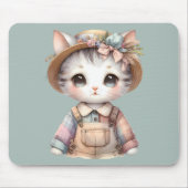 Pastell Cottagecore-Katze in Overall und Strohhut Mousepad (Vorne)