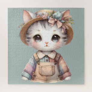 Pastell Cottagecore-Katze in Overall und Strohhut Puzzle