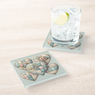 Pastell Cottagecore Patchwork-Herzen Glasuntersetzer