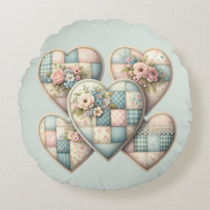 Pastell Cottagecore Patchwork-Herzen Rundes Kissen