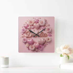 Pastell-Dahlien-Blüten-Kunst mit Herzen Quadratische Wanduhr