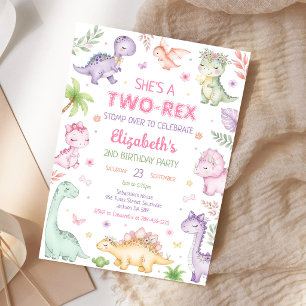 Pastell-Dinosaurier Zwei Rex-Mädchen 2. Geburtstag Einladung