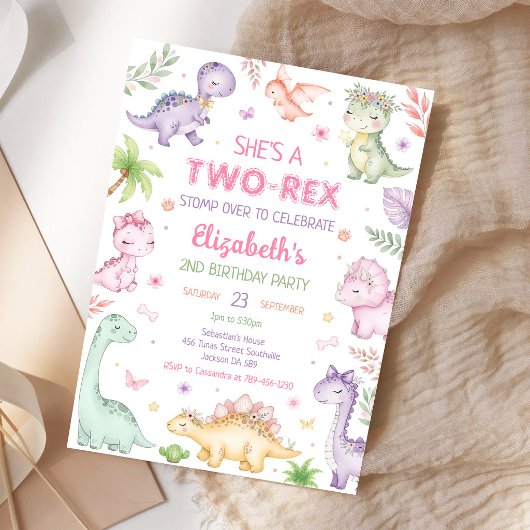 Pastell-Dinosaurier Zwei Rex-Mädchen 2. Geburtstag Einladung