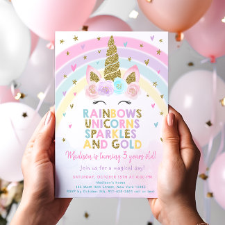 Pastell-Einhorn-Regenbogen-Glitzer-Geburtstag Einladung