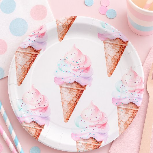 Pastell-Eiscreme-Waffelparty-Teller | Süßer Geburt Pappteller