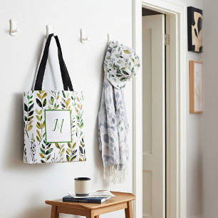 Pastell-Erdtöne-Blätter-Monogramm Tasche