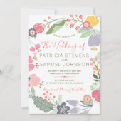 Pastell farbenfrohe Wildblumen Wiesen-Kranz Hochze Einladung (Vorderseite)