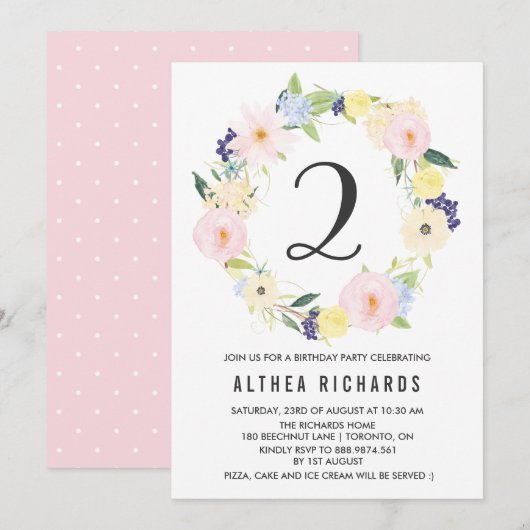 Pastell Floral Wreath Kindergeburtstag Party Sprin Einladung (Vorne/Hinten)
