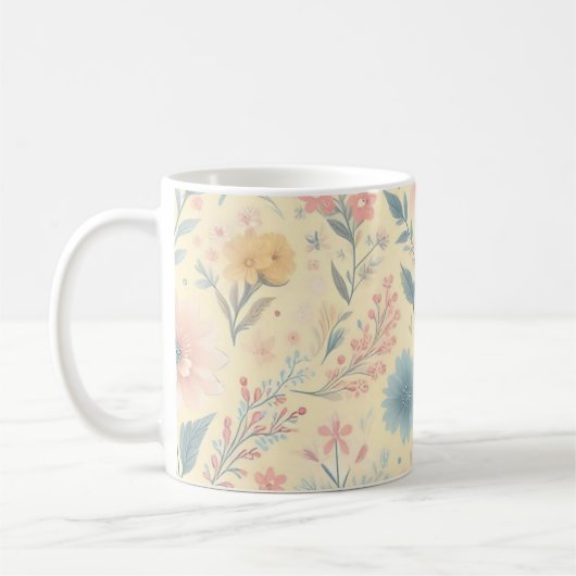 Pastell florales Pink & Blau auf hellgelb Kaffeetasse (Links)