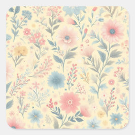 Pastell florales Pink & Blau auf hellgelb Quadratischer Aufkleber