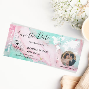 Pastell Foto Save the Date Boarding Pass Weltkarte Einladung