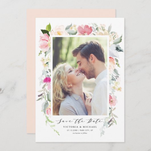 Pastell Frühlingsblüten Rahmen Foto Save The Date (Vorne/Hinten)